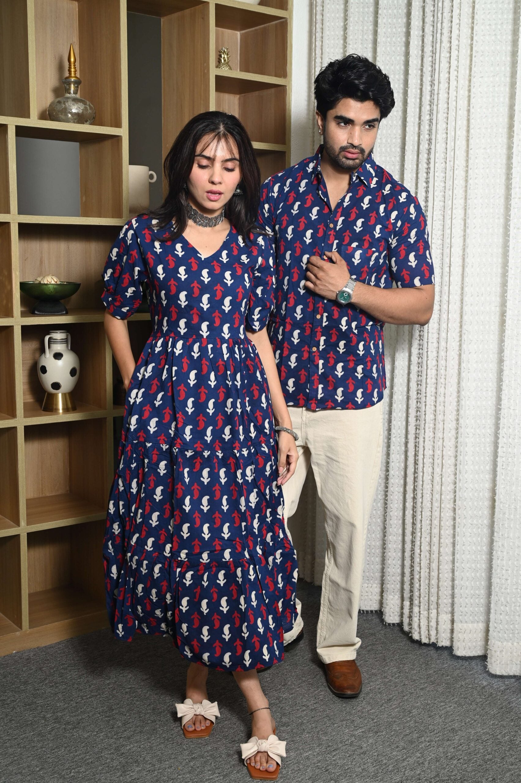 Couple Matching Navy Blue Cotton Anarkali Midi Dress and Shirt Set ? Red & White Abstract Print