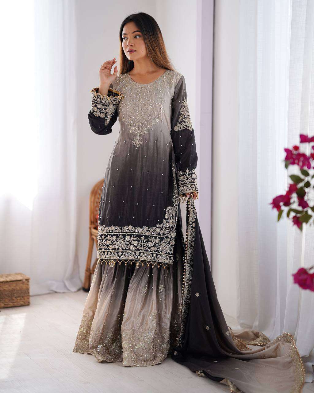 Women's Chinon Silk Sequence With Rivet Moti Work Straight Kurta With Sharara and Dupatta Set