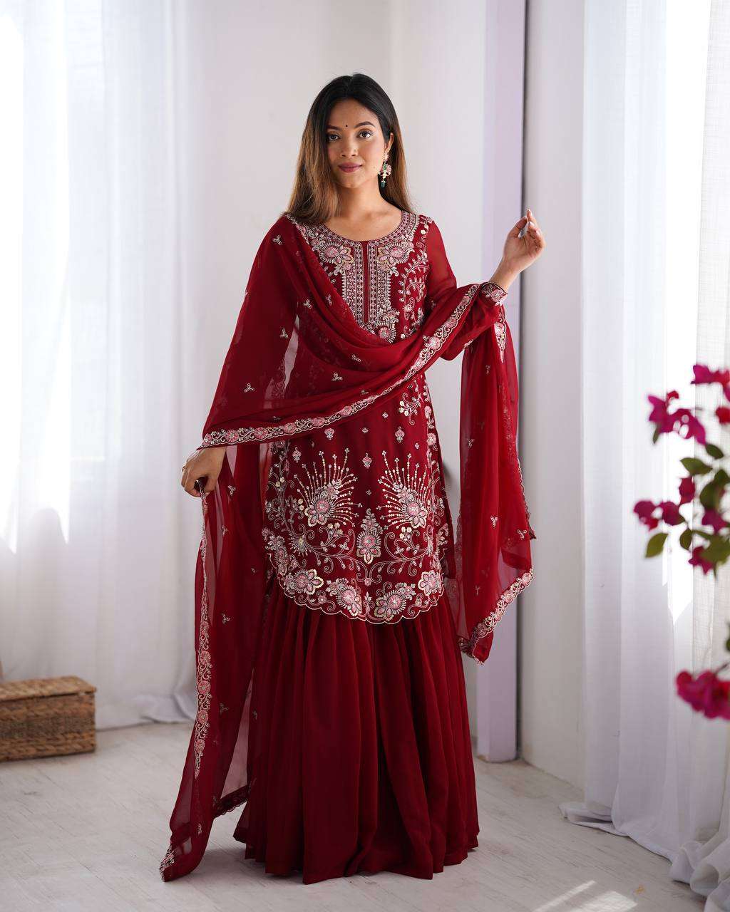 Women's Faux Georgette Sequins & Thread Work Straight Kurta With Sharara Suit and Dupatta Set