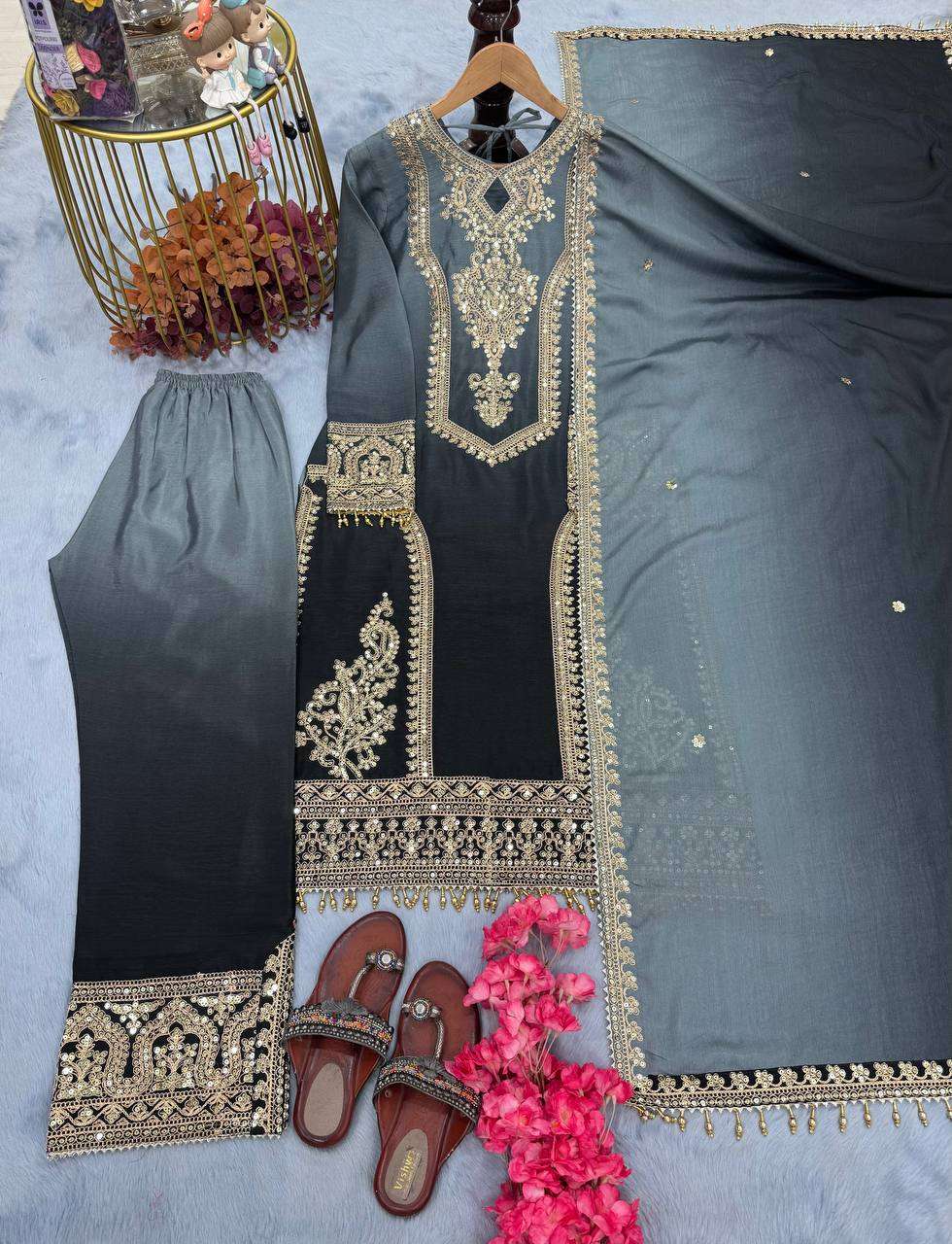 Women's Chinon Silk Embroidery Straight Pakistani Salwar Suit and Dupatta