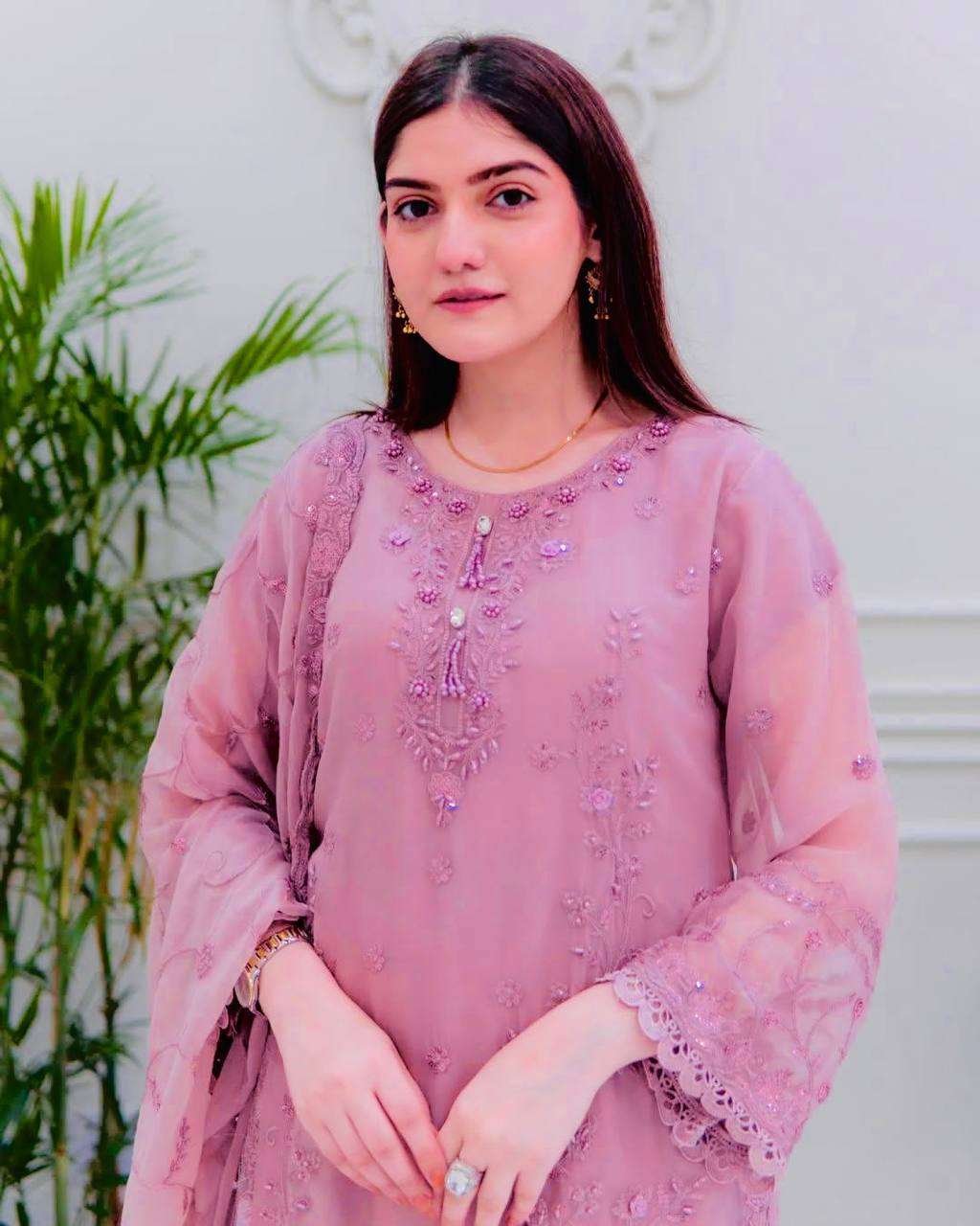 Women's Faux Georgette Embroidery work Straight Kurti With Pant and Dupatta Set