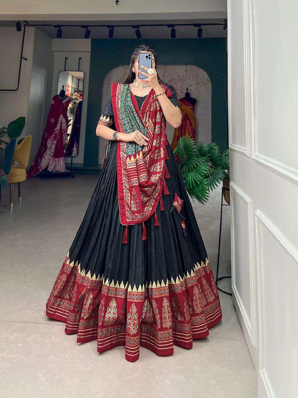 Women's Stitched Ethnic Lehenga Choli with Zari Border and Contrast Dupatta