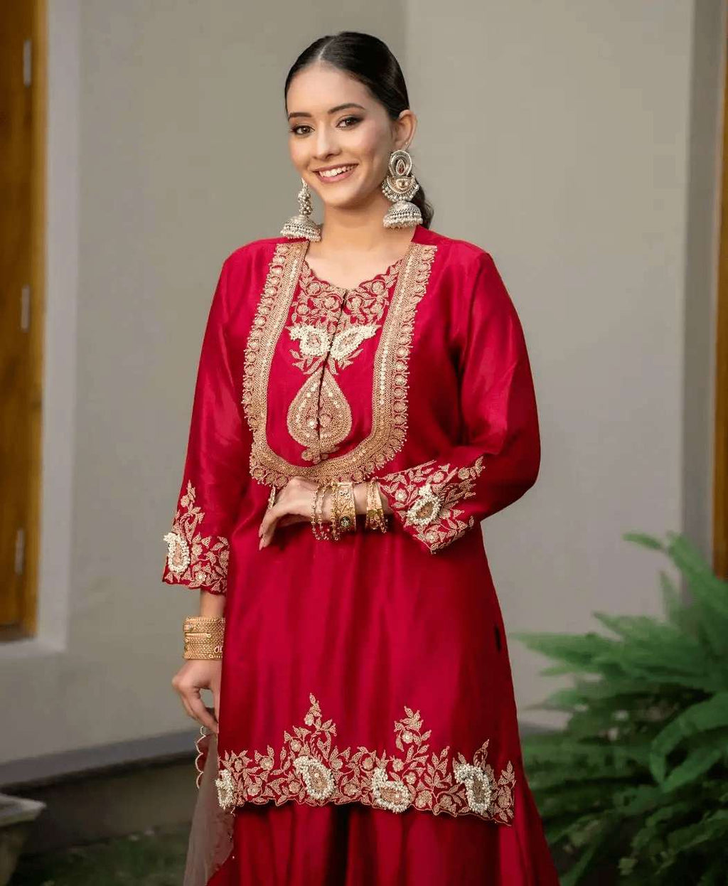 Women's Chinon Silk Sequence Embroidery Work Straight Kurti With Sharara Suit and Dupatta Set