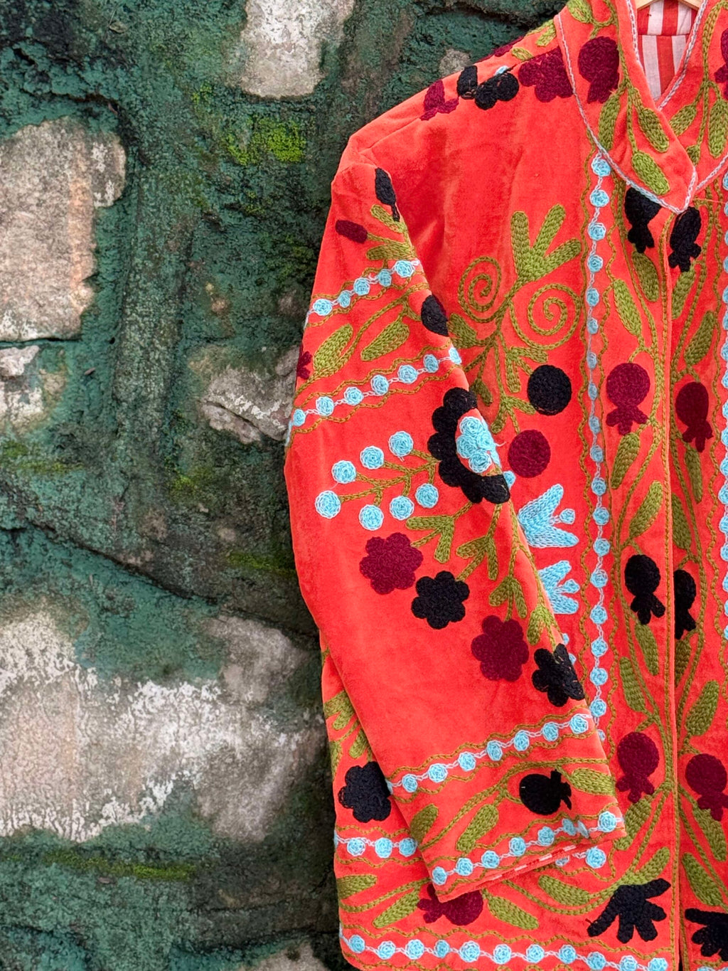 Womens Orange Velvet Embroidered Jacket with Floral Design