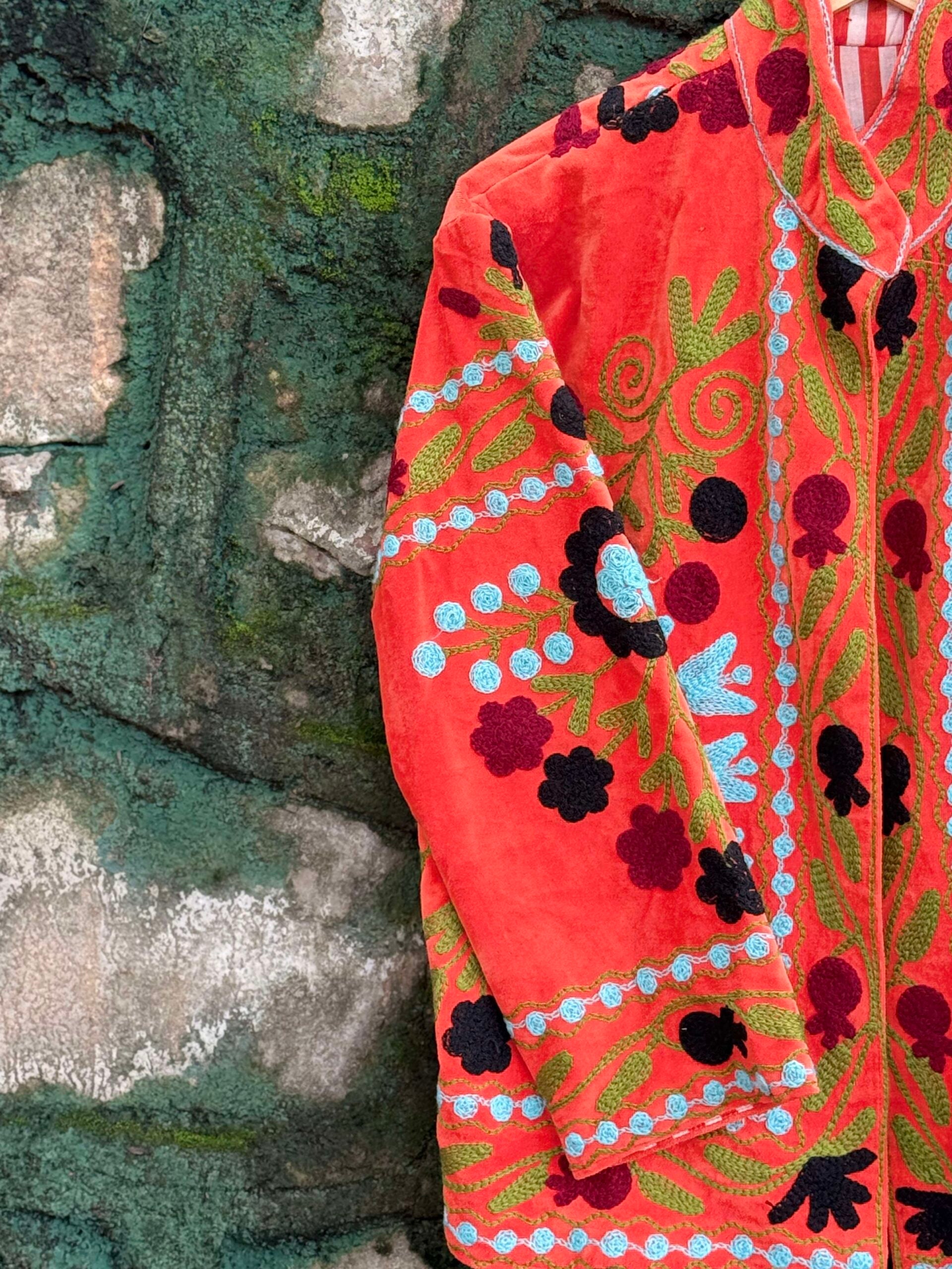 Womens Orange Velvet Embroidered Jacket with Floral Design