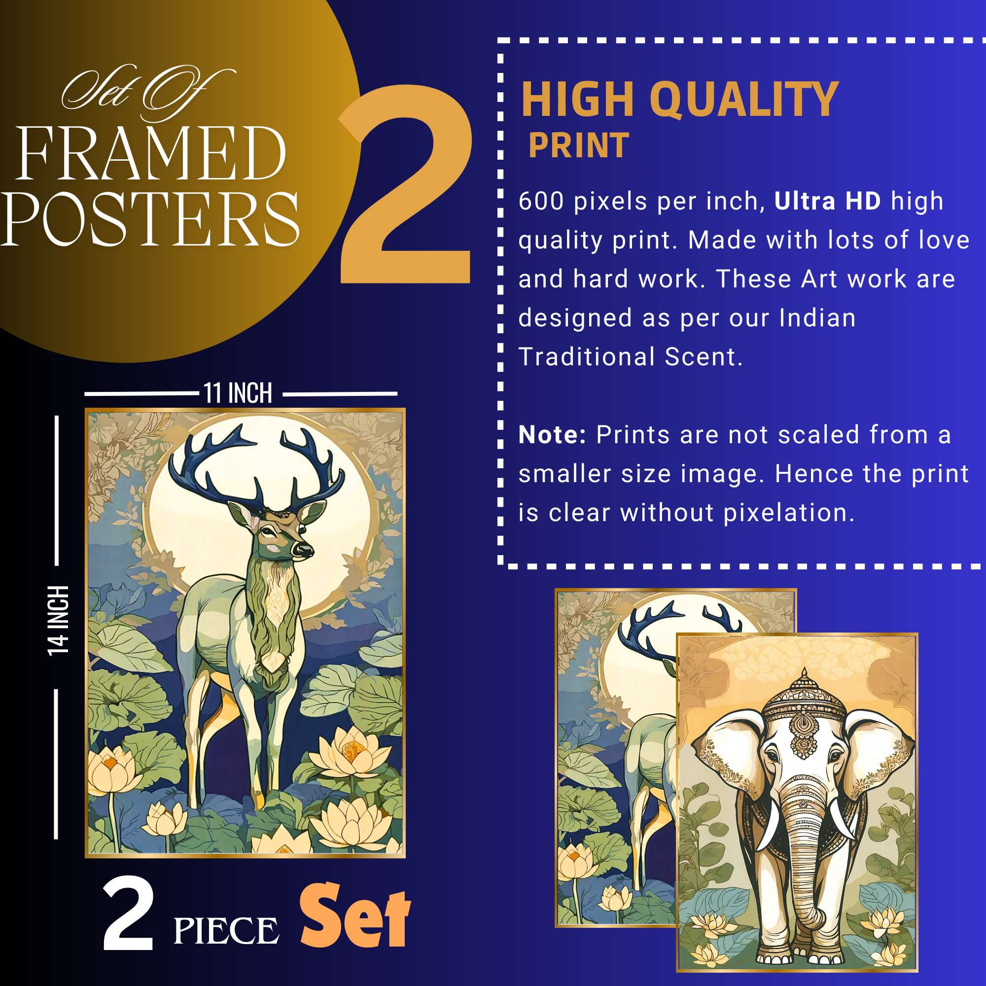Set of Two Wall Paintings for Wall Dacoration Golden Framed Wall Paintings for Living Room & Bedroom Wall Art for Home Decoration & Office Wall Décor (14x11 inch CH-GD2-14)