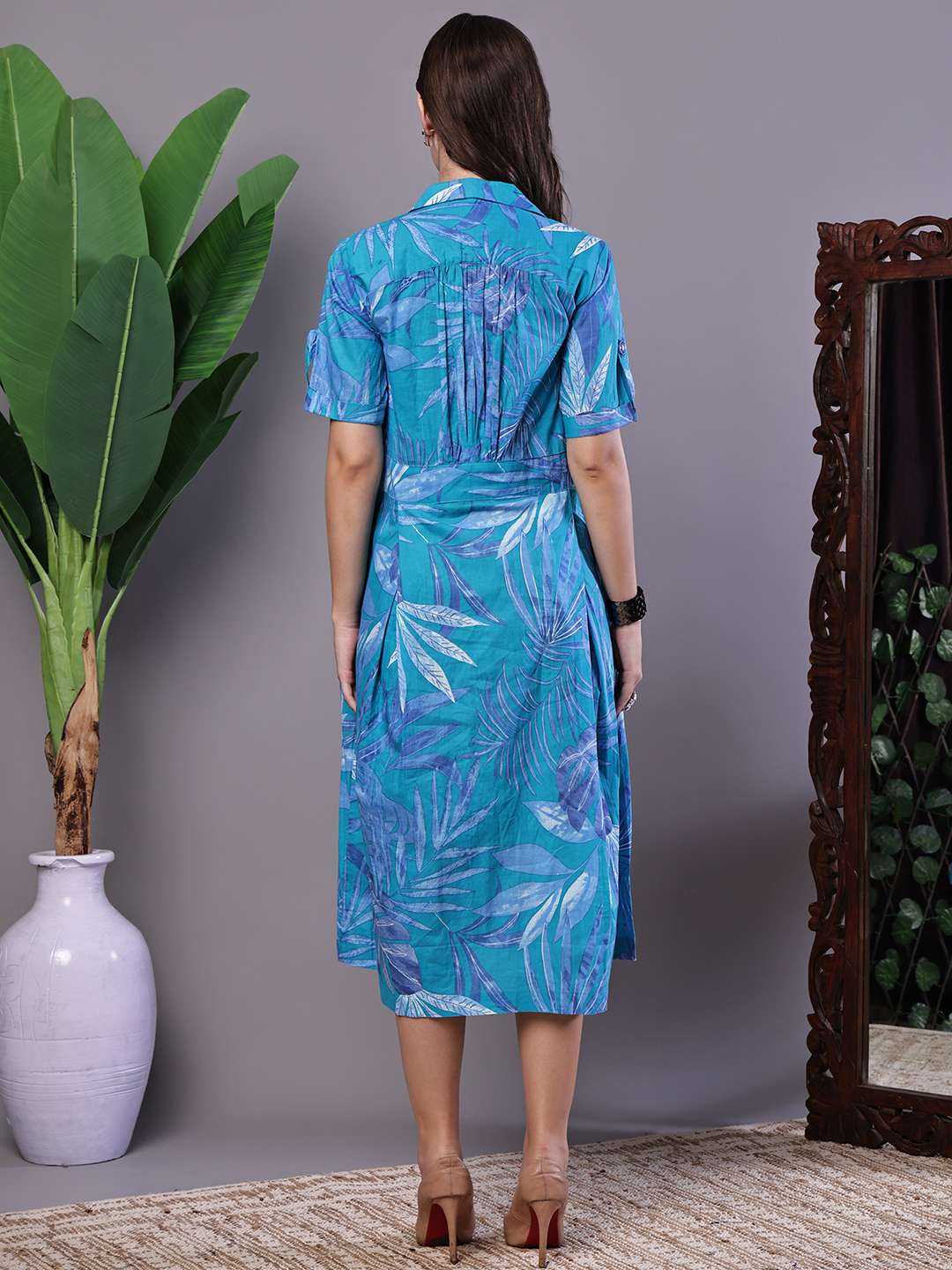 Women's Blue Floral Cotton Pleated Midi Dress with Collar