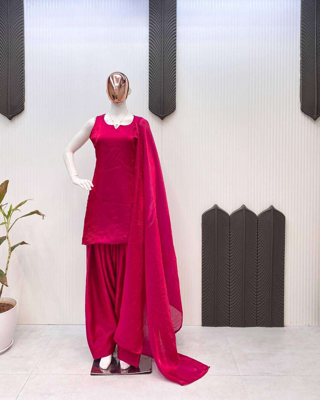 Women's Fendi Silk Solid Semi Stitched Sleeveless Kurti With Salwar and Dupatta set