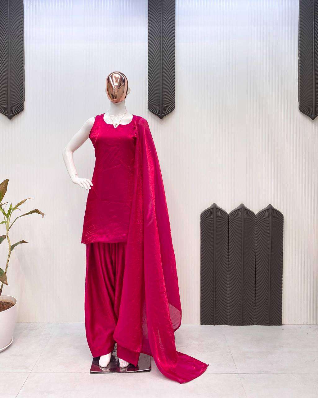 Women's Fendi Silk Solid Semi Stitched Sleeveless Kurti With Salwar and Dupatta set