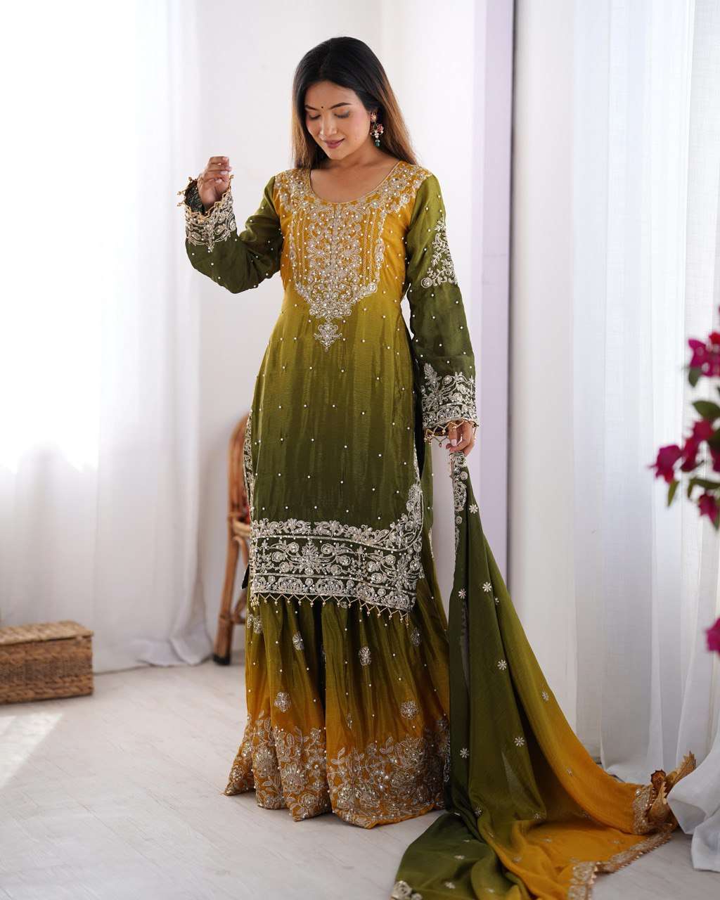 Women's Chinon Silk Sequence With Rivet Moti Work Straight Kurta With Sharara and Dupatta Set