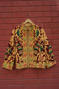 Womens Yellow Velvet Embroidered Jacket with Floral Design