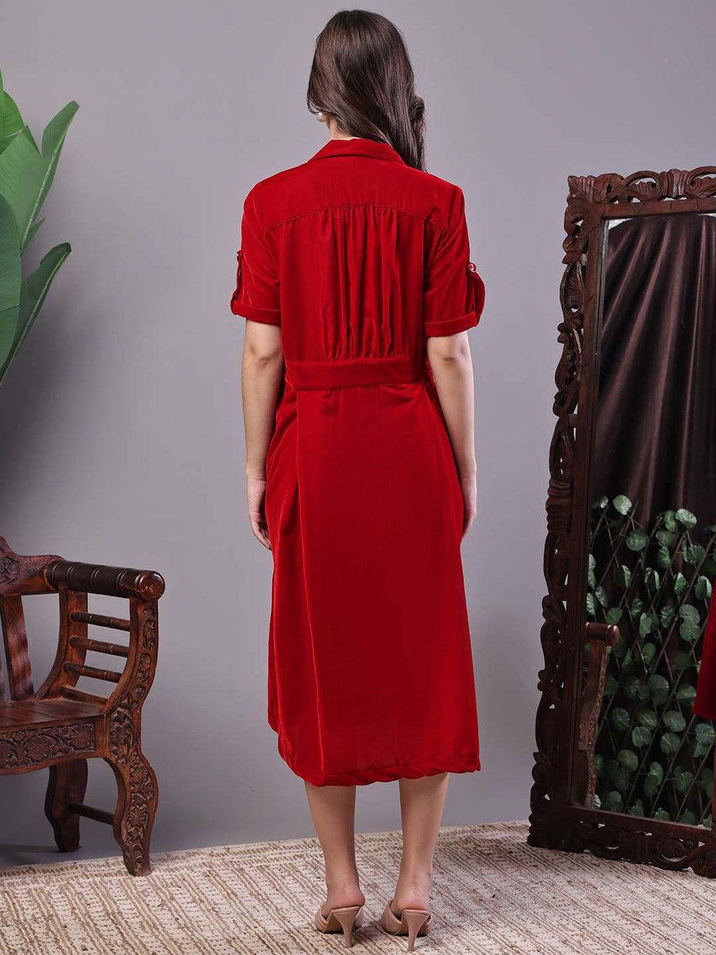 Women's Red Velvet Solid Printed Shirt Midi Dress with Belt