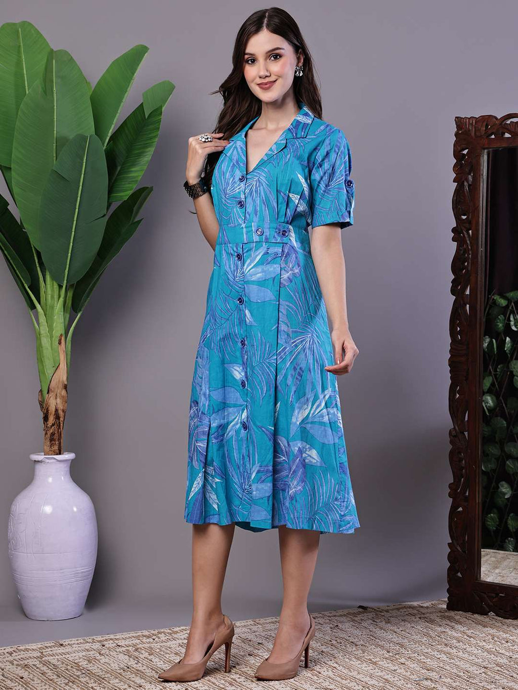 Women's Blue Floral Cotton Pleated Midi Dress with Collar