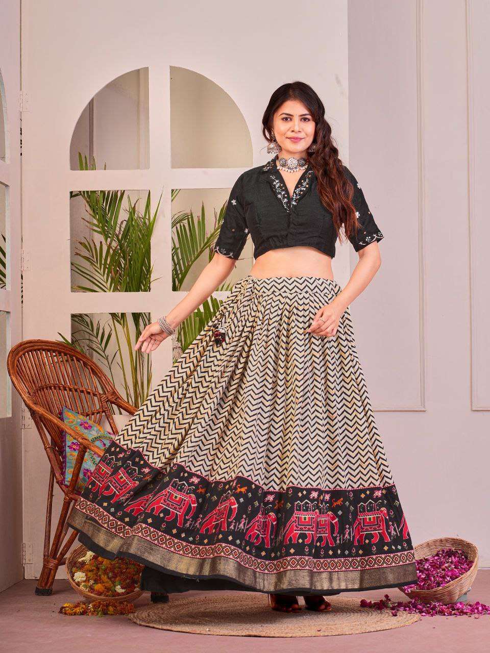Women's Tussar Silk Patola Print Lehenga Choli Set with Foil Work