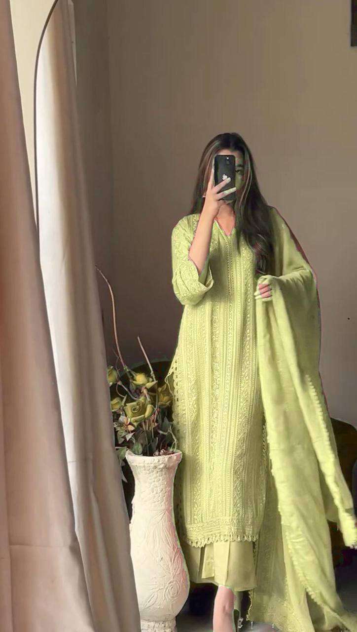 Women's Chinon Silk with Cotton Thread Embroidery Straight Kurti With Pant and Dupatta set