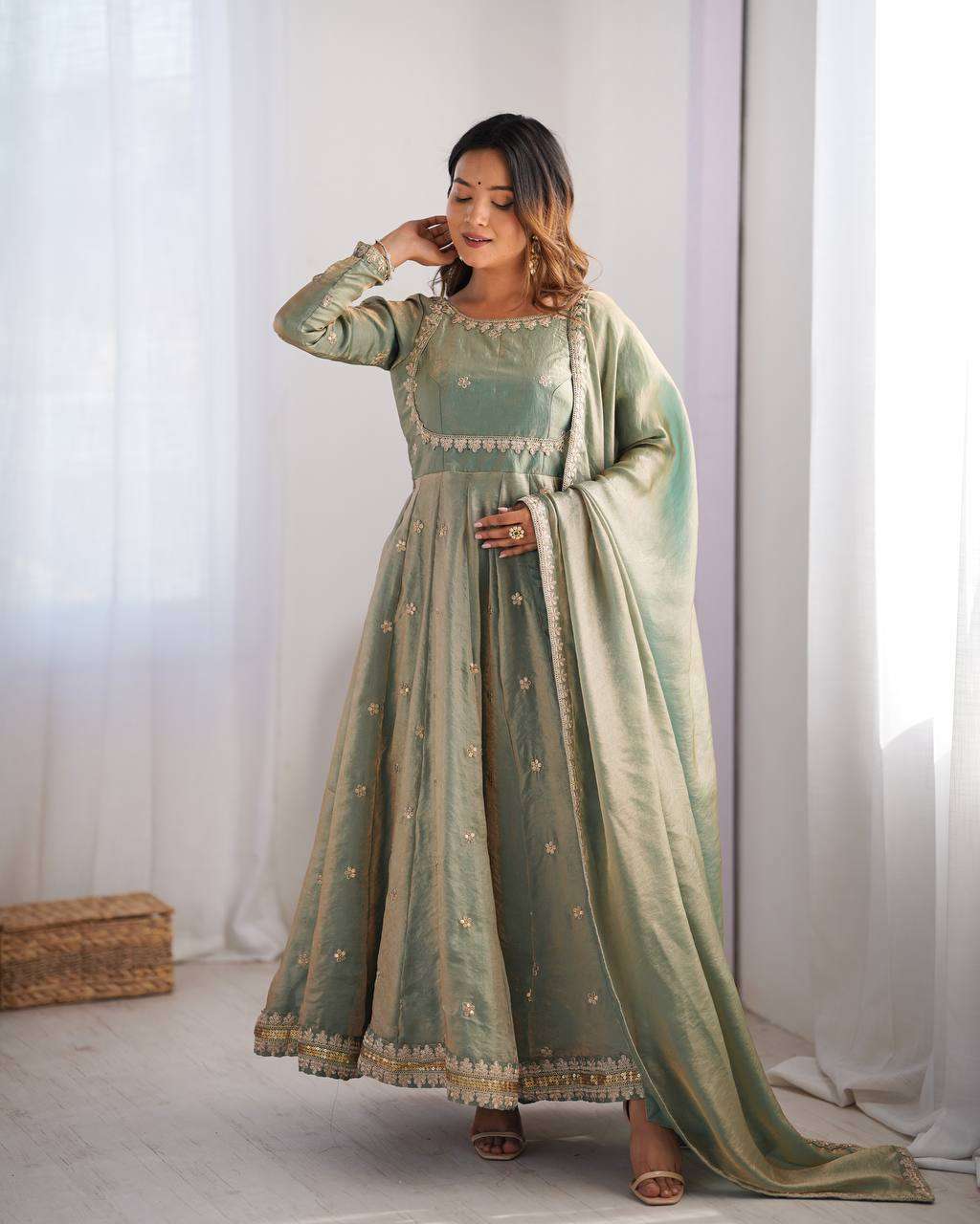 Women's Fandy Silk Coding with Sequnce work Long Anarkali Kurti Gown With Dupatta