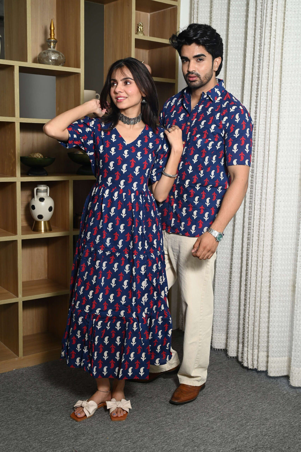 Couple Matching Navy Blue Cotton Anarkali Midi Dress and Shirt Set ? Red & White Abstract Print