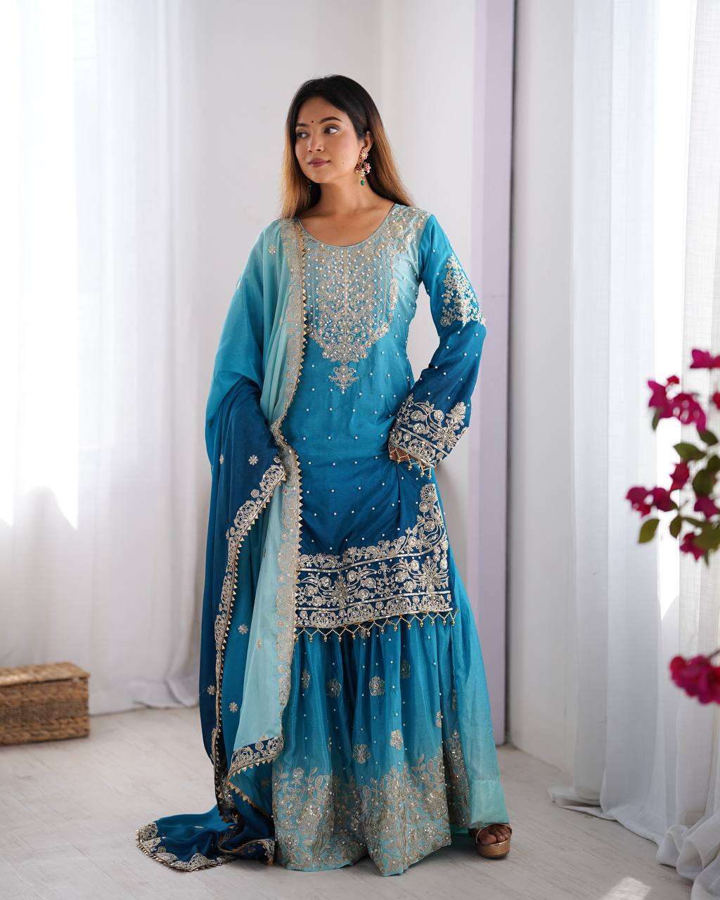Women's Chinon Silk Sequence With Rivet Moti Work Straight Kurta With Sharara and Dupatta Set