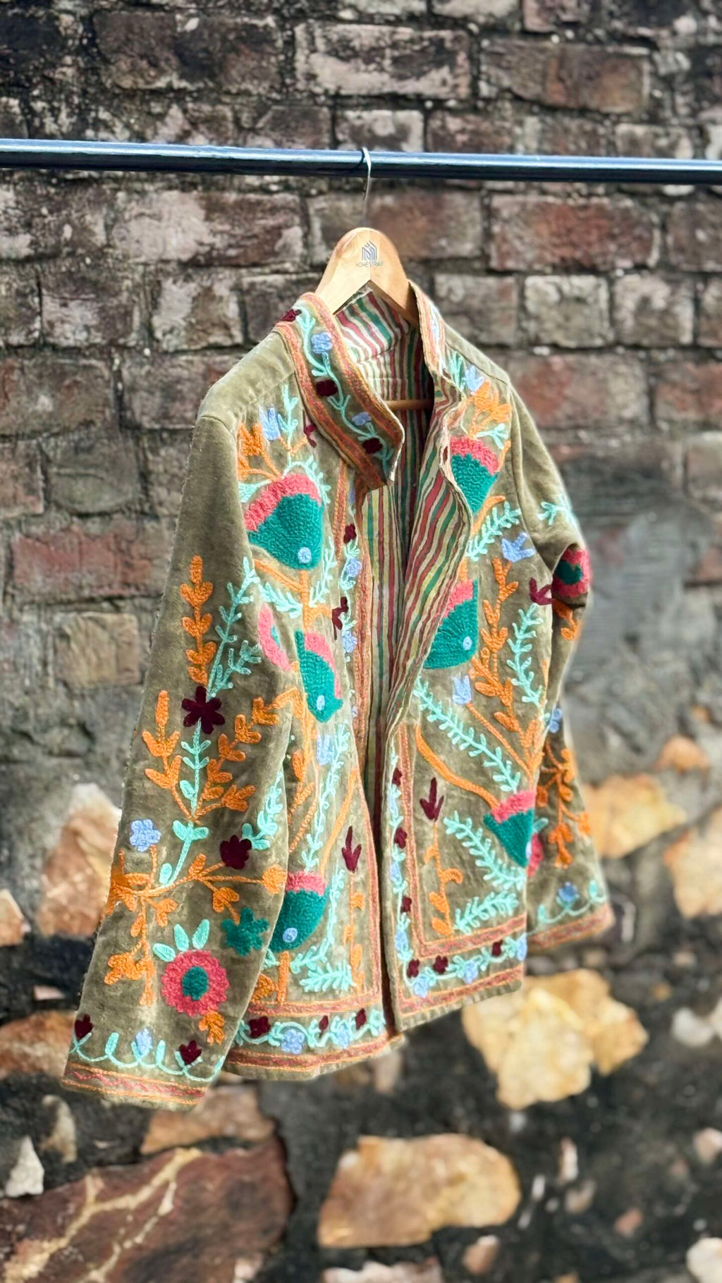 Womens Olive Green Velvet Embroidered Jacket with Floral Design
