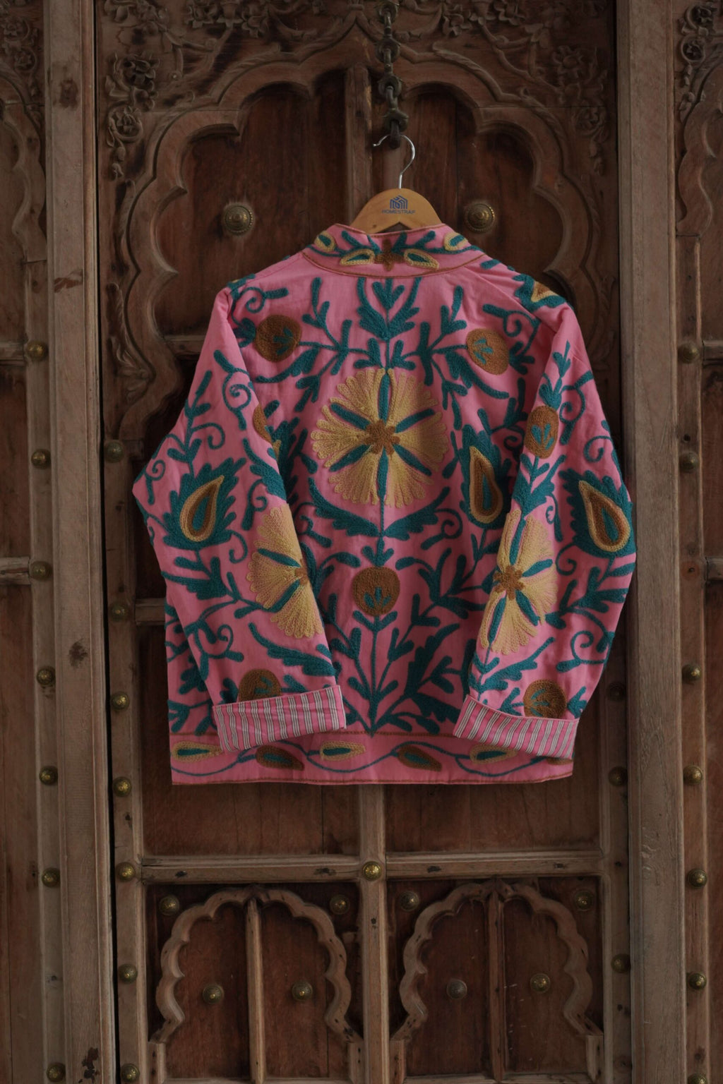 Womens Pink Velvet Embroidered Jacket with Floral Design