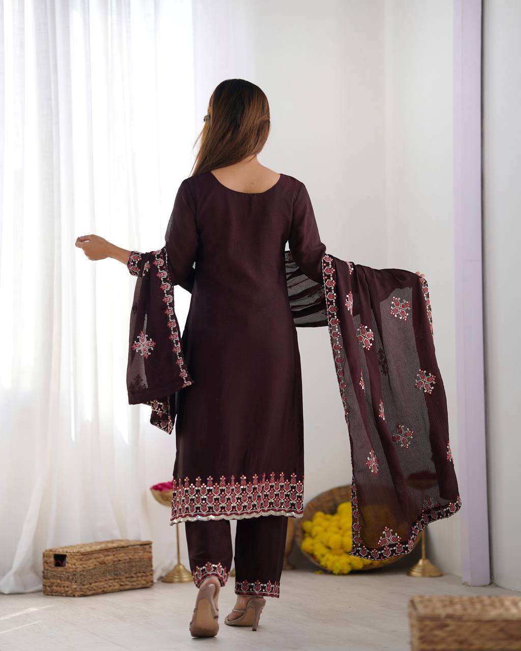Women's Chinnon Silk Embroidery Sequence Work and Lace Work Straight Kurti With Pant and Dupatta