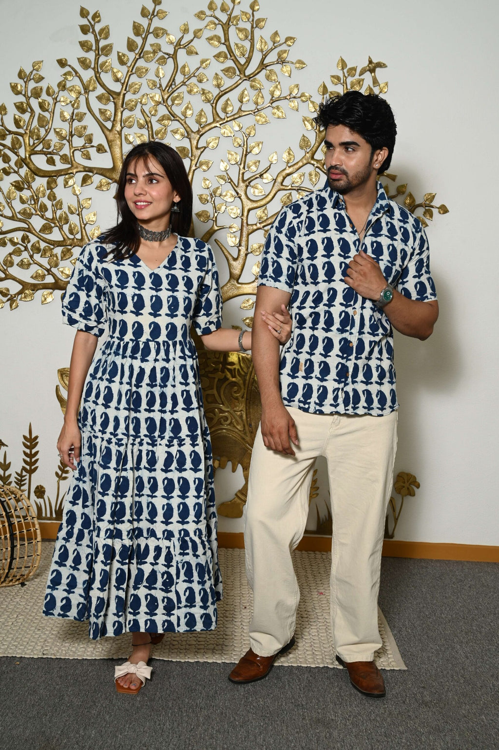 Couple Matching White And Blue Printed Cotton Anarkali Midi Dress & Shirt Set ? Summer Casual Wear