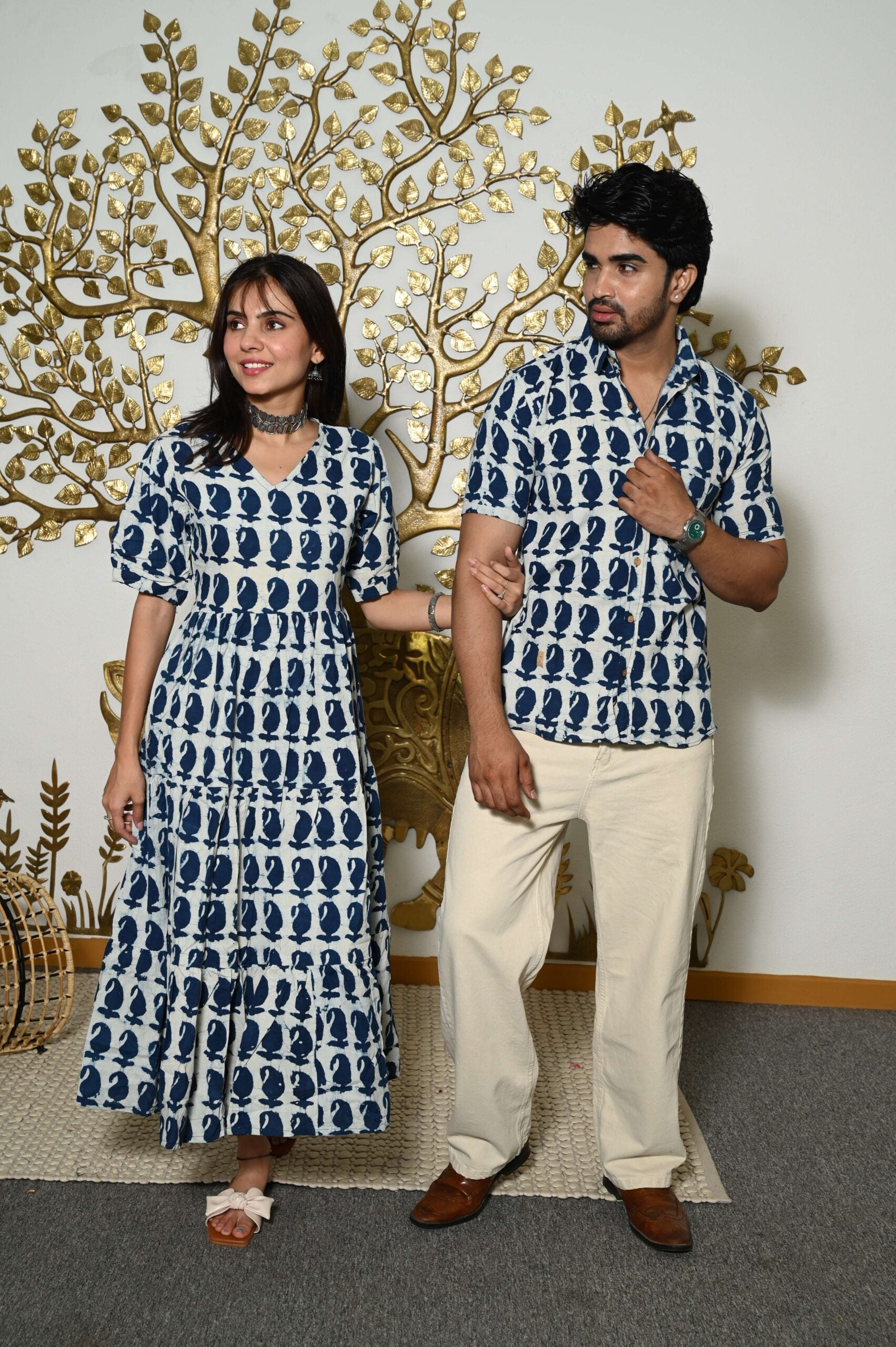 Couple Matching White And Blue Printed Cotton Anarkali Midi Dress & Shirt Set ? Summer Casual Wear