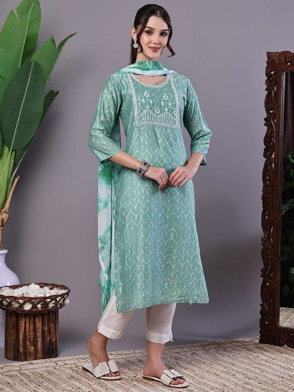 Women's Mint Green Chanderi Embroidered Kurta Set with Dupatta Suit Sets