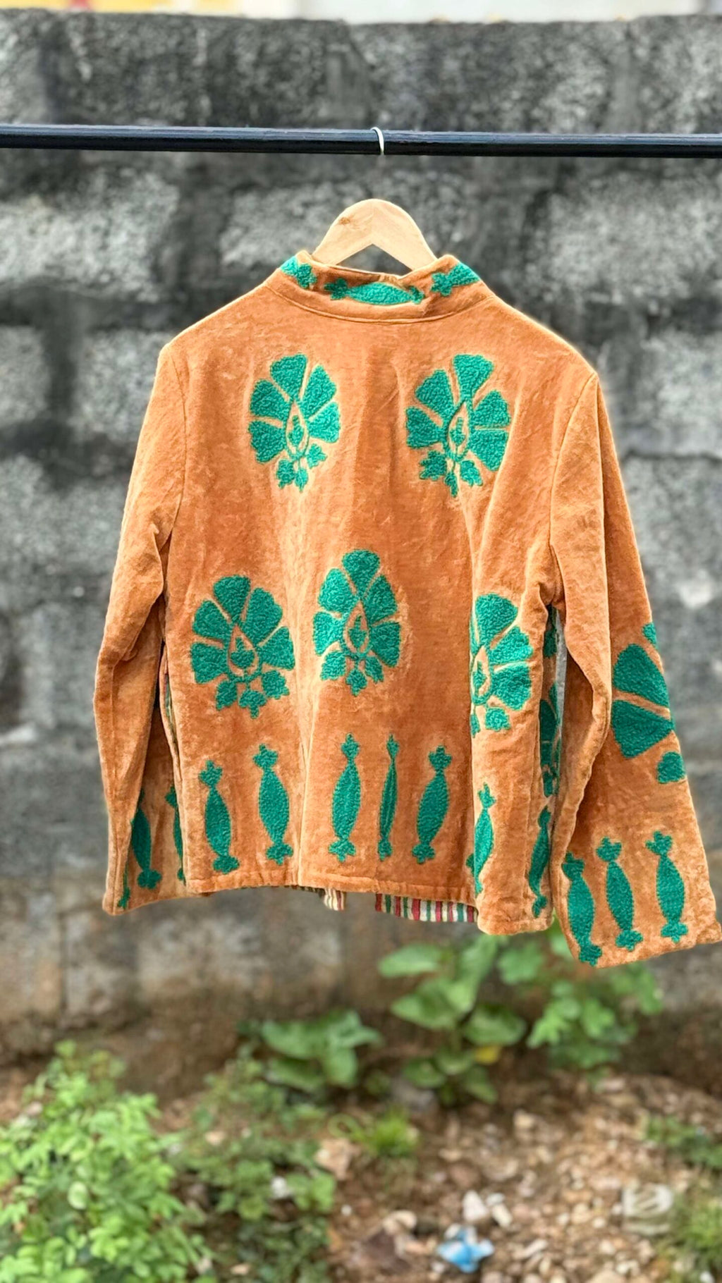 Womens Rust Velvet Embroidered Jacket with Floral Design