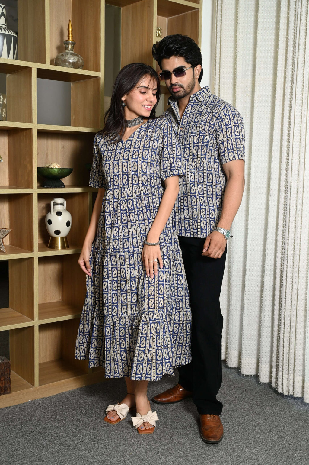 Couple Matching Navy Blue Cotton Anarkali Midi Dress and Shirt Set ? Paisley Block Print