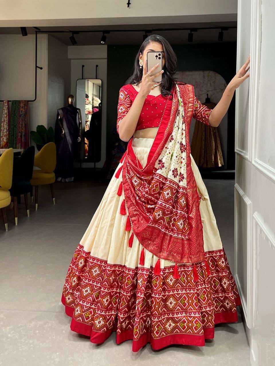 Women's Tussar Silk Patola Print Lehenga Choli Dupatta Set