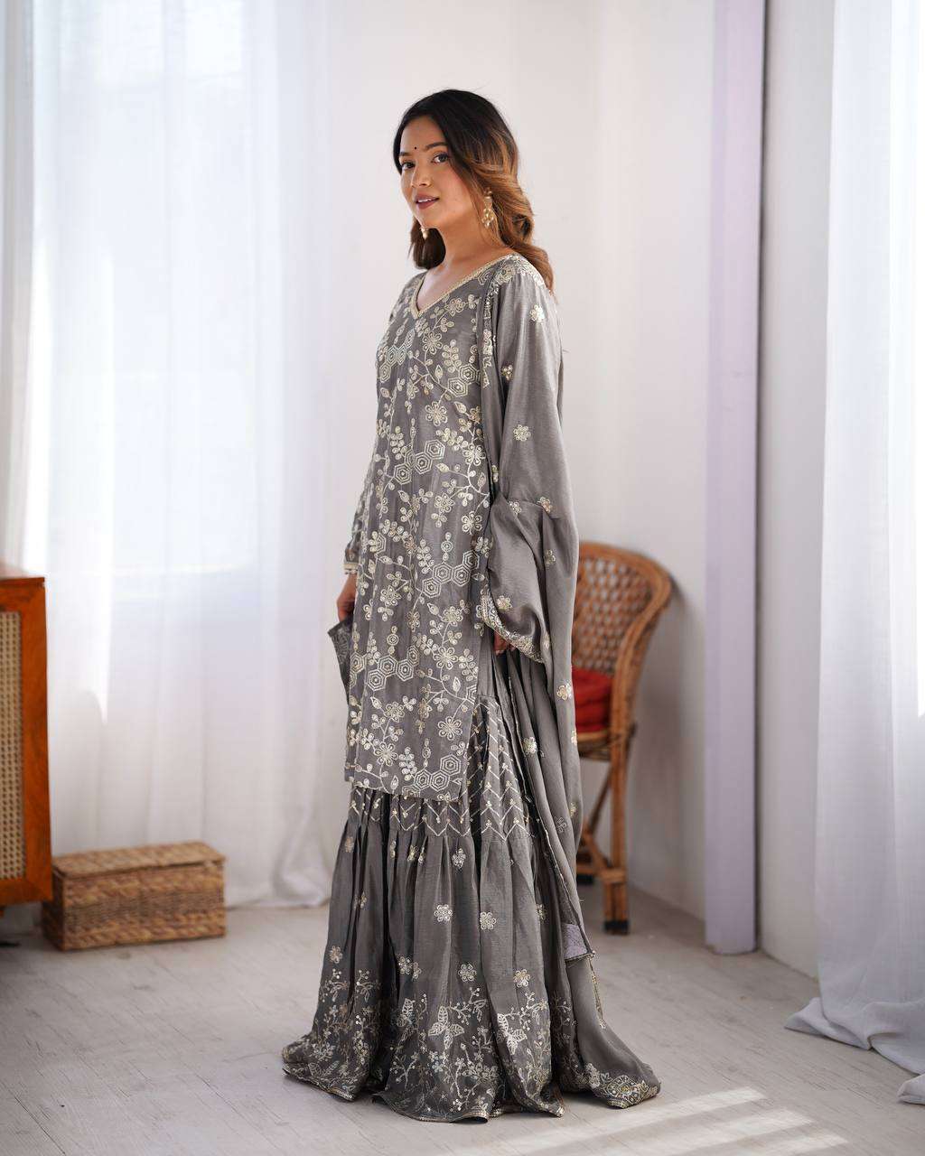Women's Chinon Silk Embroidery Sequence Work Straight Kurti With Sharara Suit and Dupatta Set