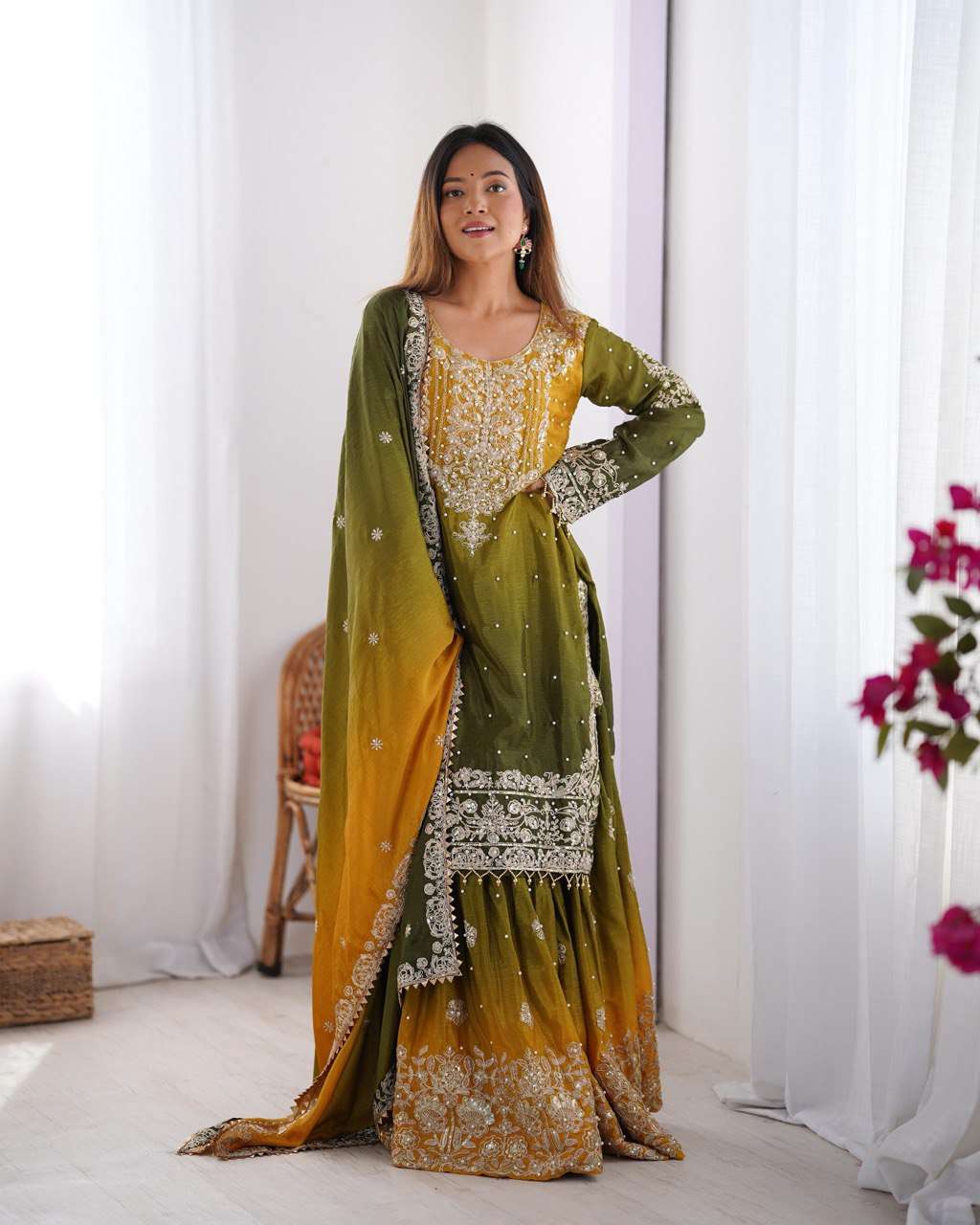 Women's Chinon Silk Sequence With Rivet Moti Work Straight Kurta With Sharara and Dupatta Set