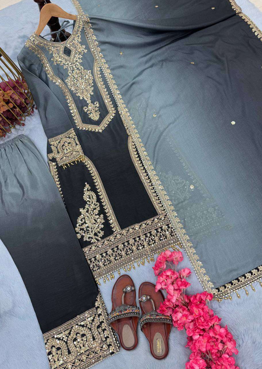 Women's Chinon Silk Embroidery Straight Pakistani Salwar Suit and Dupatta