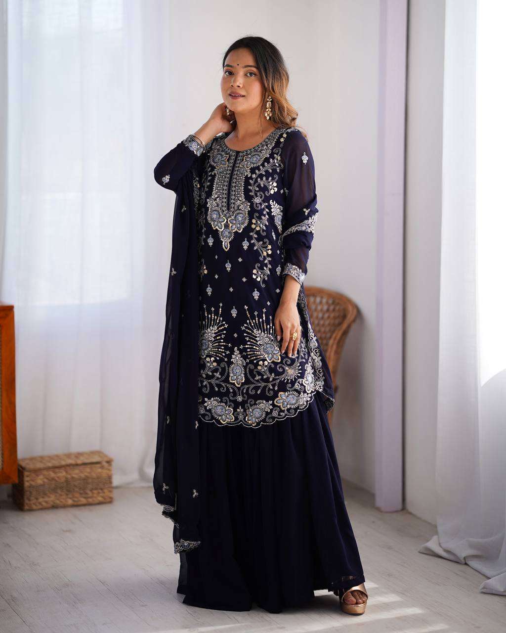 Women's Faux Georgette Sequins & Thread Work Straight Kurta With Sharara Suit and Dupatta Set