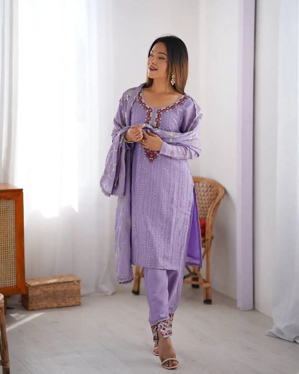 Women's Chinon Silk Sequence And Thread Work Straight Kurti With Pant and Dupatta Set