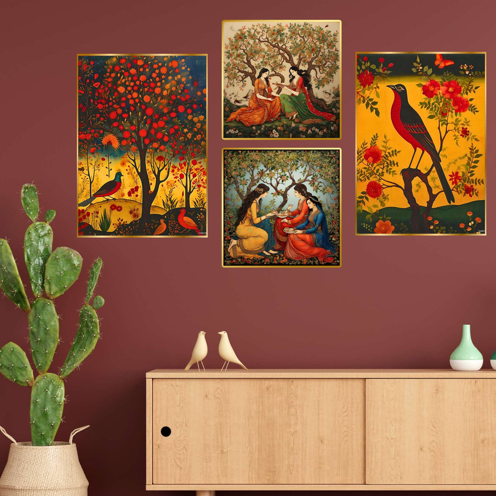 Set of Four Wall Paintings for Wall Dacoration Golden Framed Wall Paintings for Living Room & Bedroom Wall Art for Home Decoration & Office Wall Décor (13x10 inch CH-GD4-13)