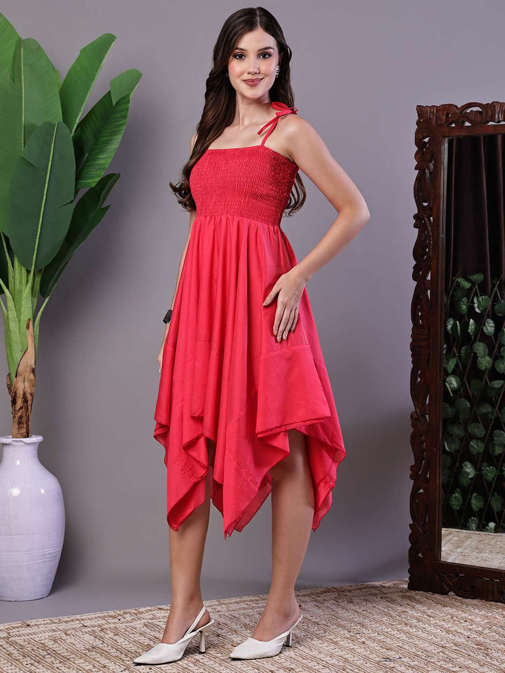 Women's Solid Red Cotton Handkerchief Hem Midi Dress Midi Dresses