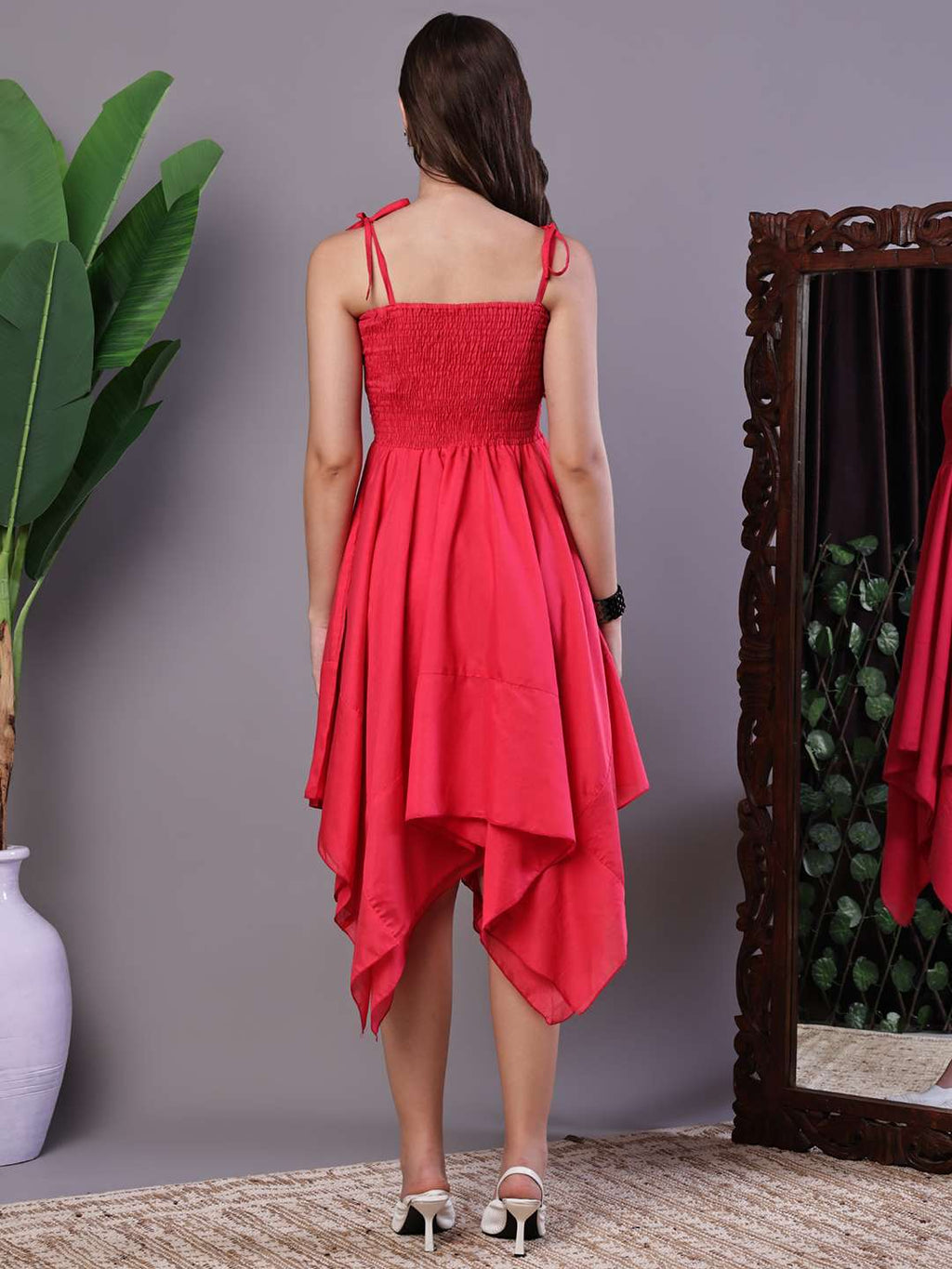Women's Solid Red Cotton Handkerchief Hem Midi Dress Midi Dresses