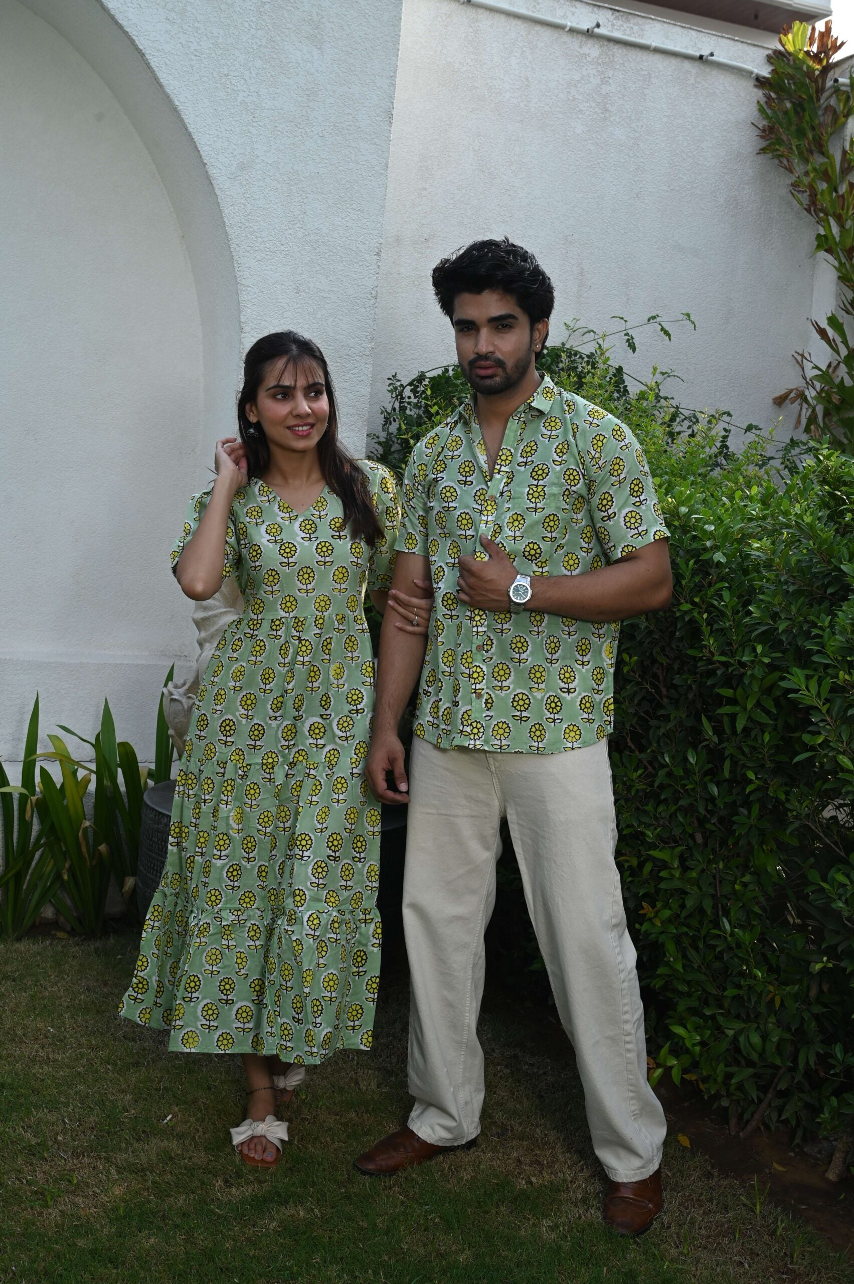 Couple Matching Light Green Printed Cotton Anarkali Midi Dress & Shirt Set ? Summer Casual Wear