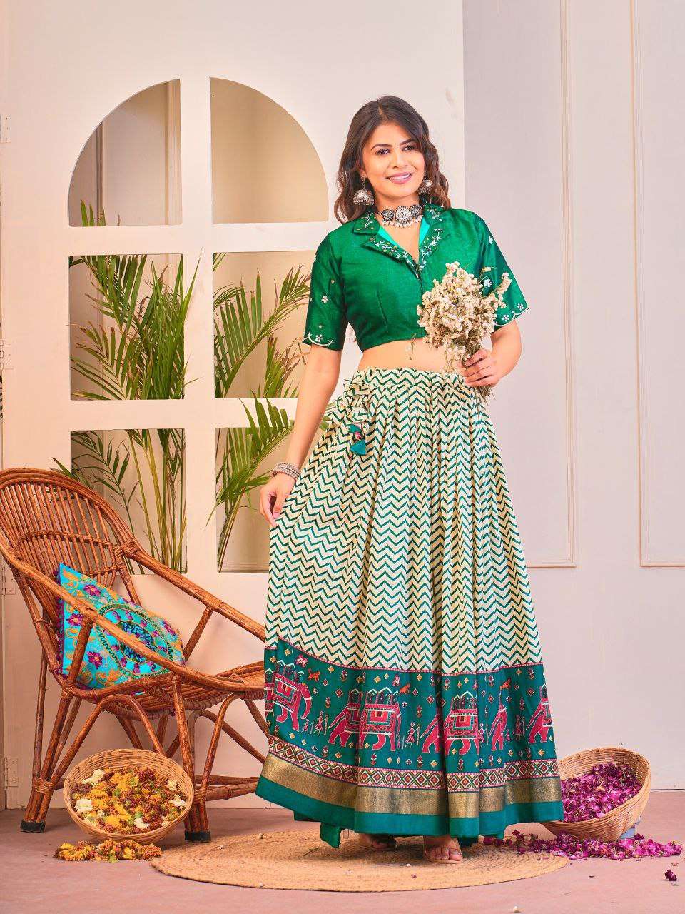 Women's Tussar Silk Patola Print Lehenga Choli Set with Foil Work