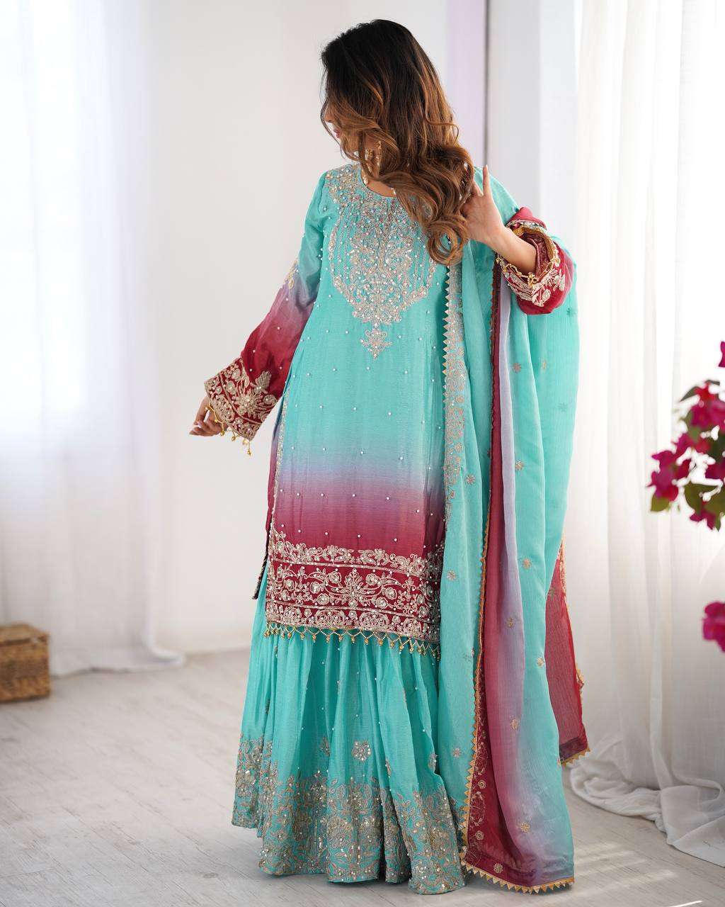 Women's Chinon Silk Sequence With Rivet Moti Work Straight Kurta With Sharara and Dupatta Set
