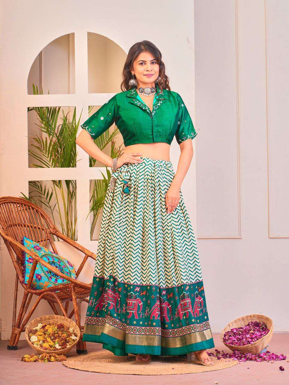 Women's Tussar Silk Patola Print Lehenga Choli Set with Foil Work