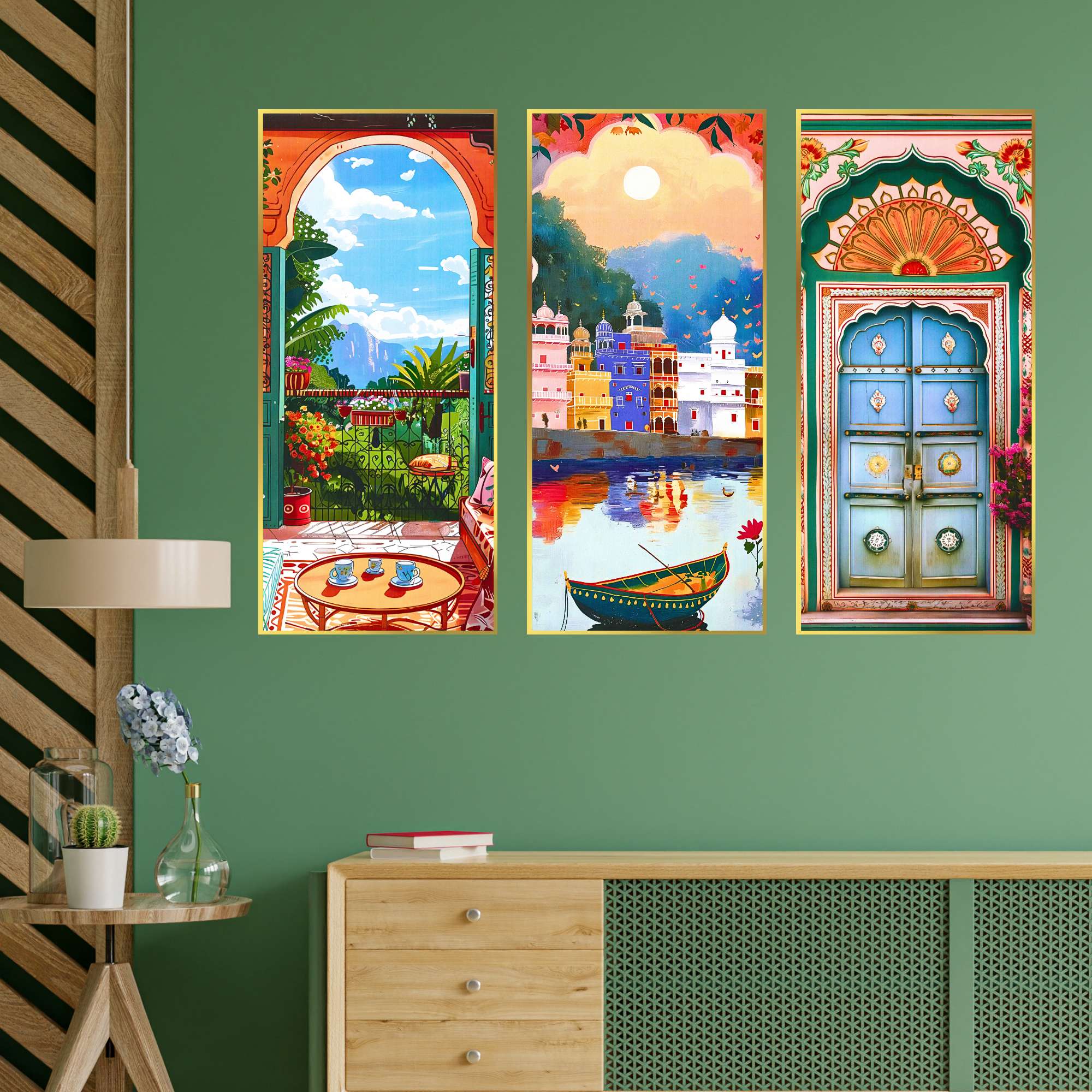 Set of Three large Wall Paintings for Wall Dacoration Golden Framed Wall Paintings for Living Room & Bedroom Wall Art for Home Decoration & Office Wall Décor (14x11 inch CH-LGD3-2)