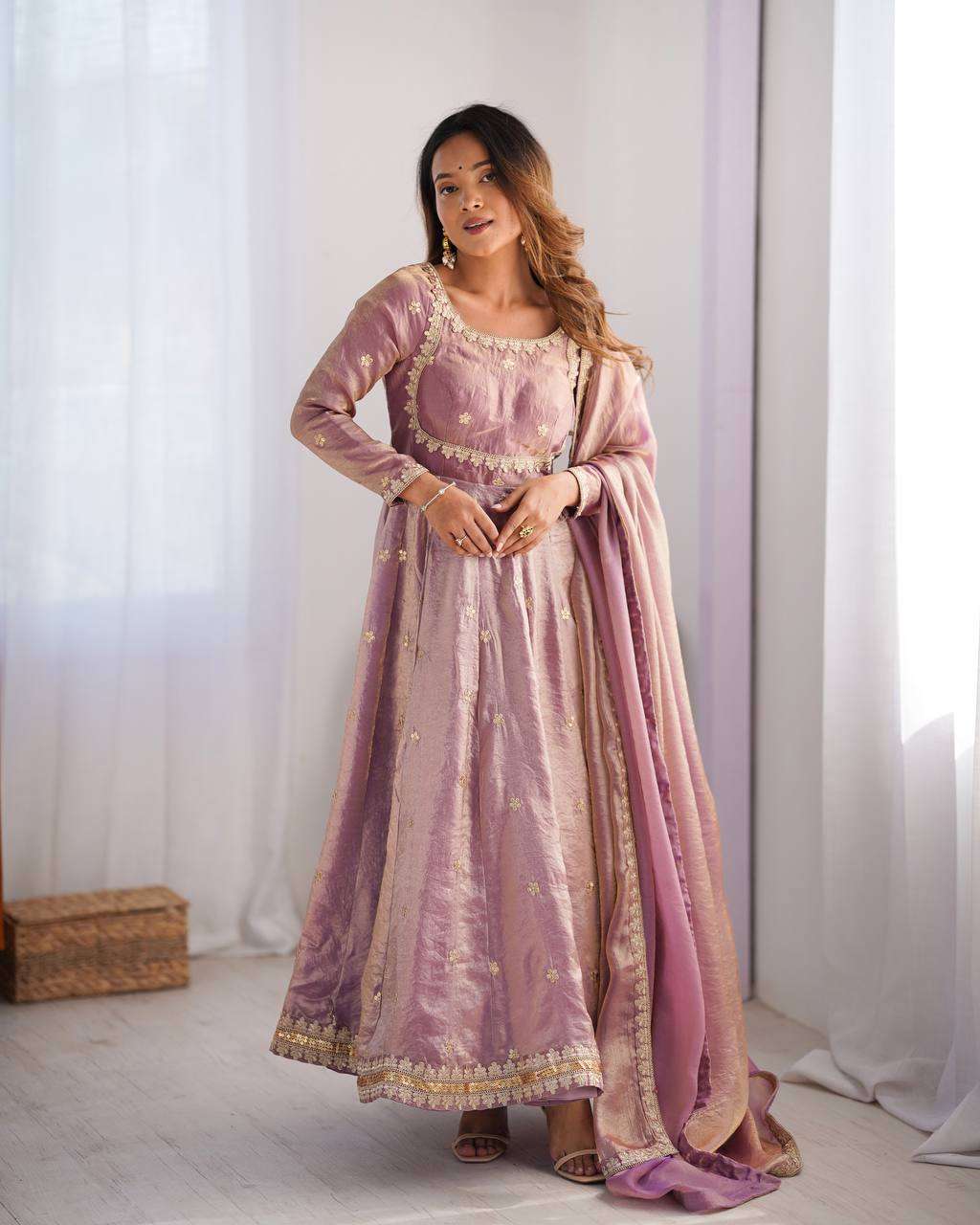 Women's Fandy Silk Coding with Sequnce work Long Anarkali Kurti Gown With Dupatta