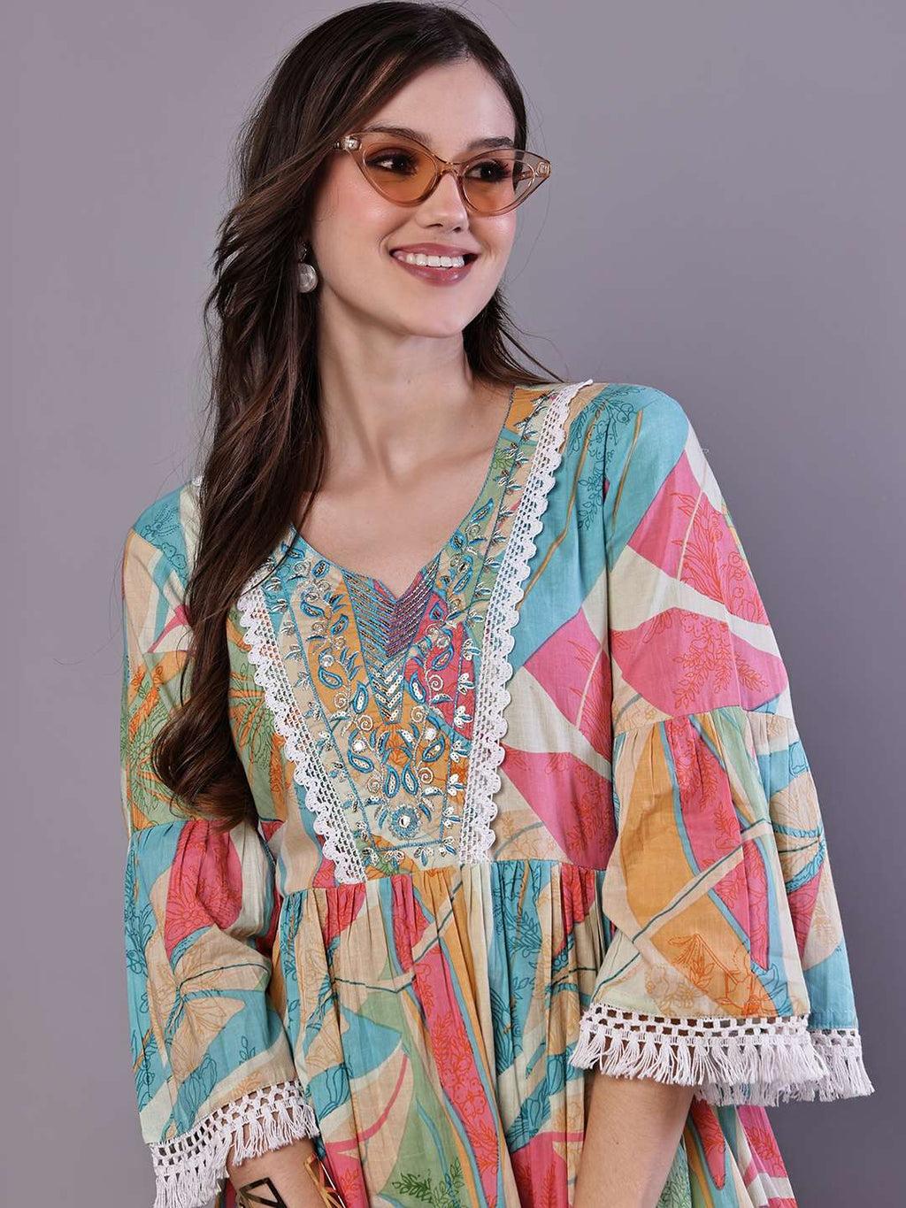 Wome's Multicolor Printed Cotton A-Line Dress with Embroidered Yoke Midi Dresses
