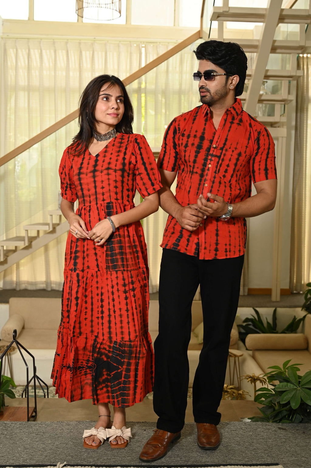 Couple Matching Red Printed Cotton Anarkali Midi Dress & Shirt Set ? Summer Casual Wear