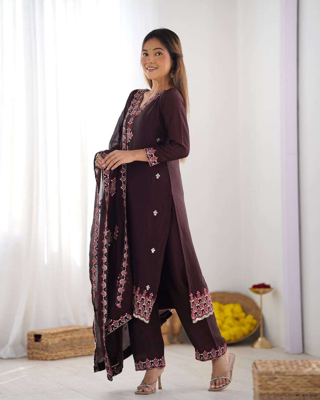 Women's Chinnon Silk Embroidery Sequence Work and Lace Work Straight Kurti With Pant and Dupatta