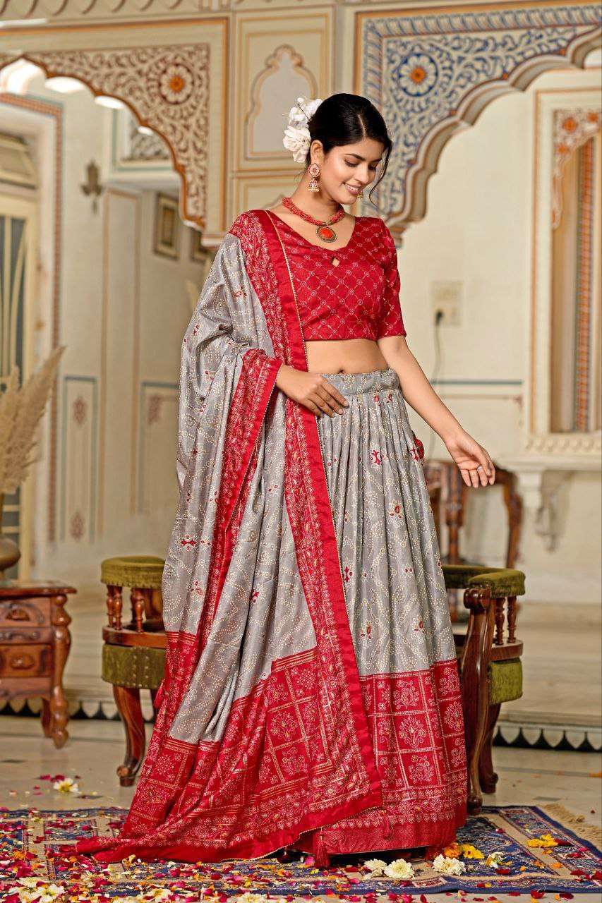 Women's Tussar Silk Patola Print Lehenga Choli Dupatta Set