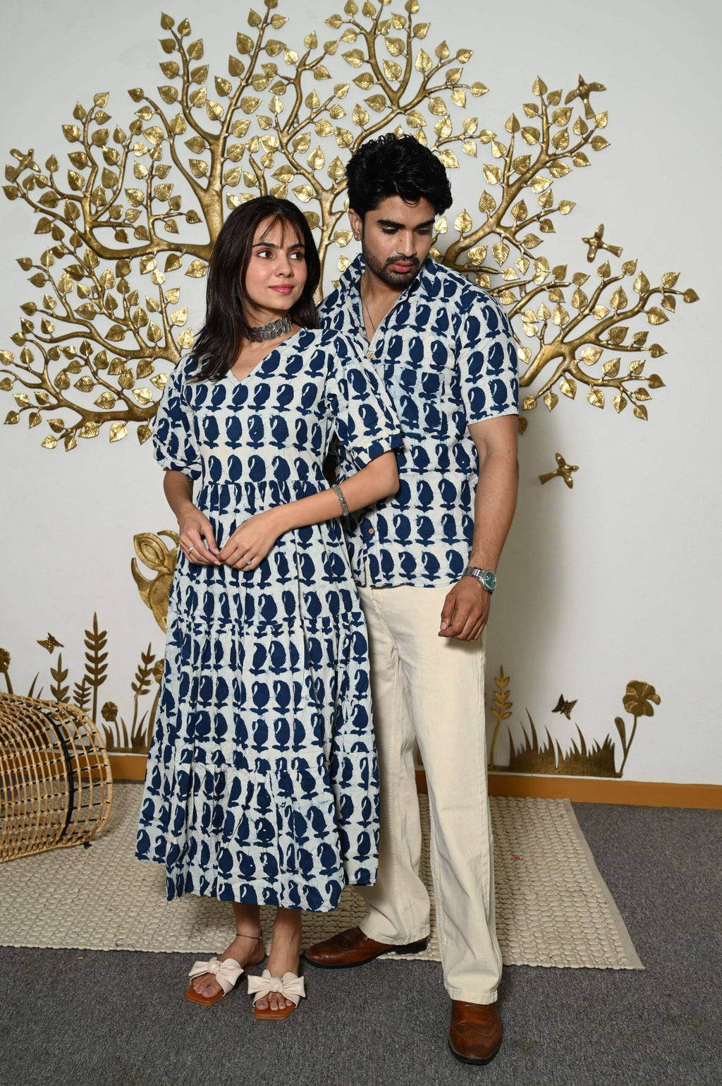 Couple Matching White And Blue Printed Cotton Anarkali Midi Dress & Shirt Set ? Summer Casual Wear